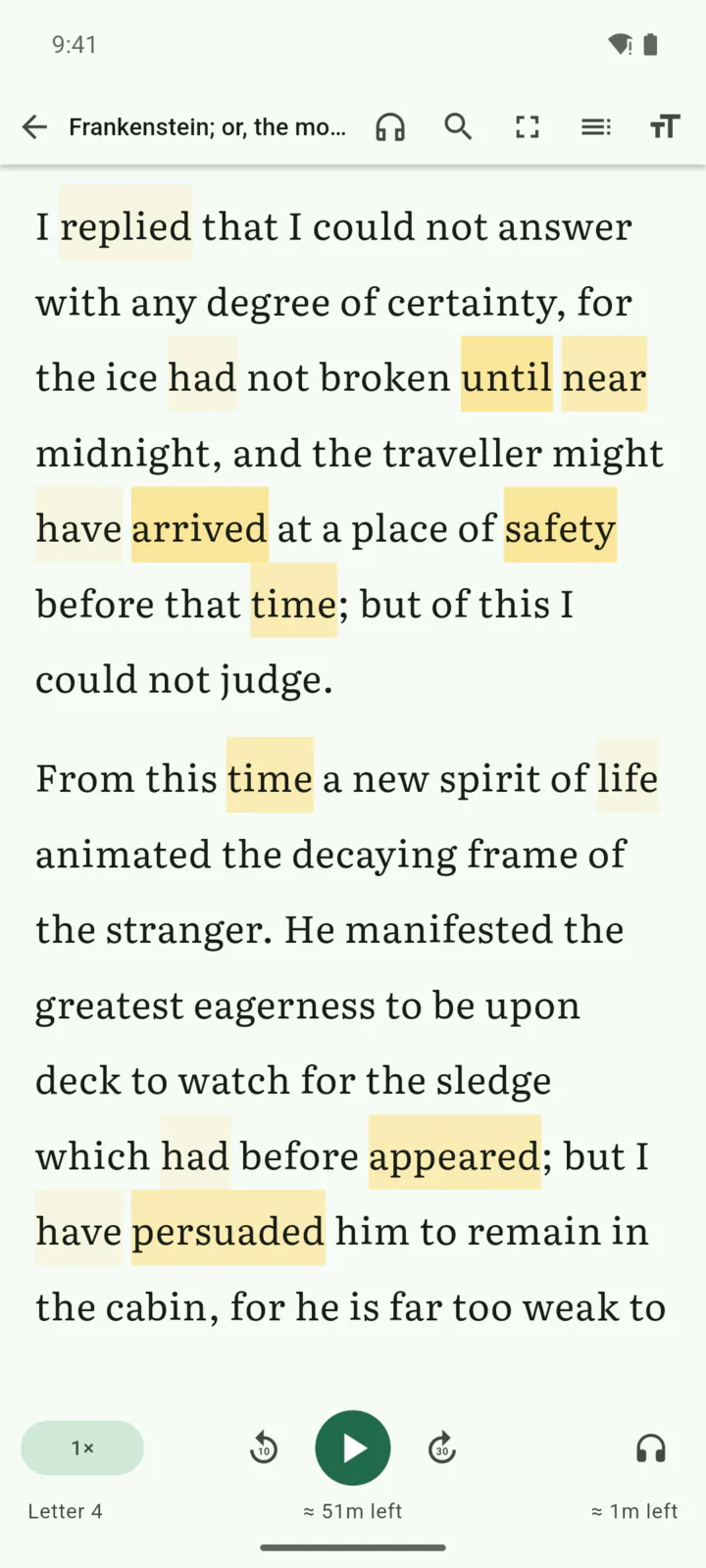 A page in Readuet on Android where vocabulary words are shaded amber according to how well they are remembered.