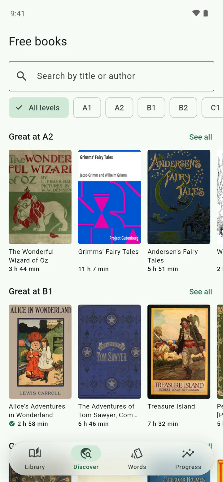 Readuet's free public-domain catalog on Android, with books shelved by CEFR reading level and one-tap adds.