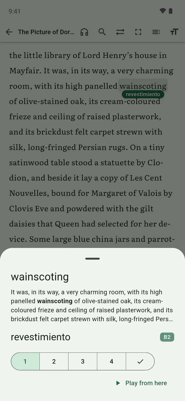 Tapping the glossed word again in Readuet on Android opens its card: the translation, the sentence it was met in, its CEFR level, and the five-step knowledge ladder.