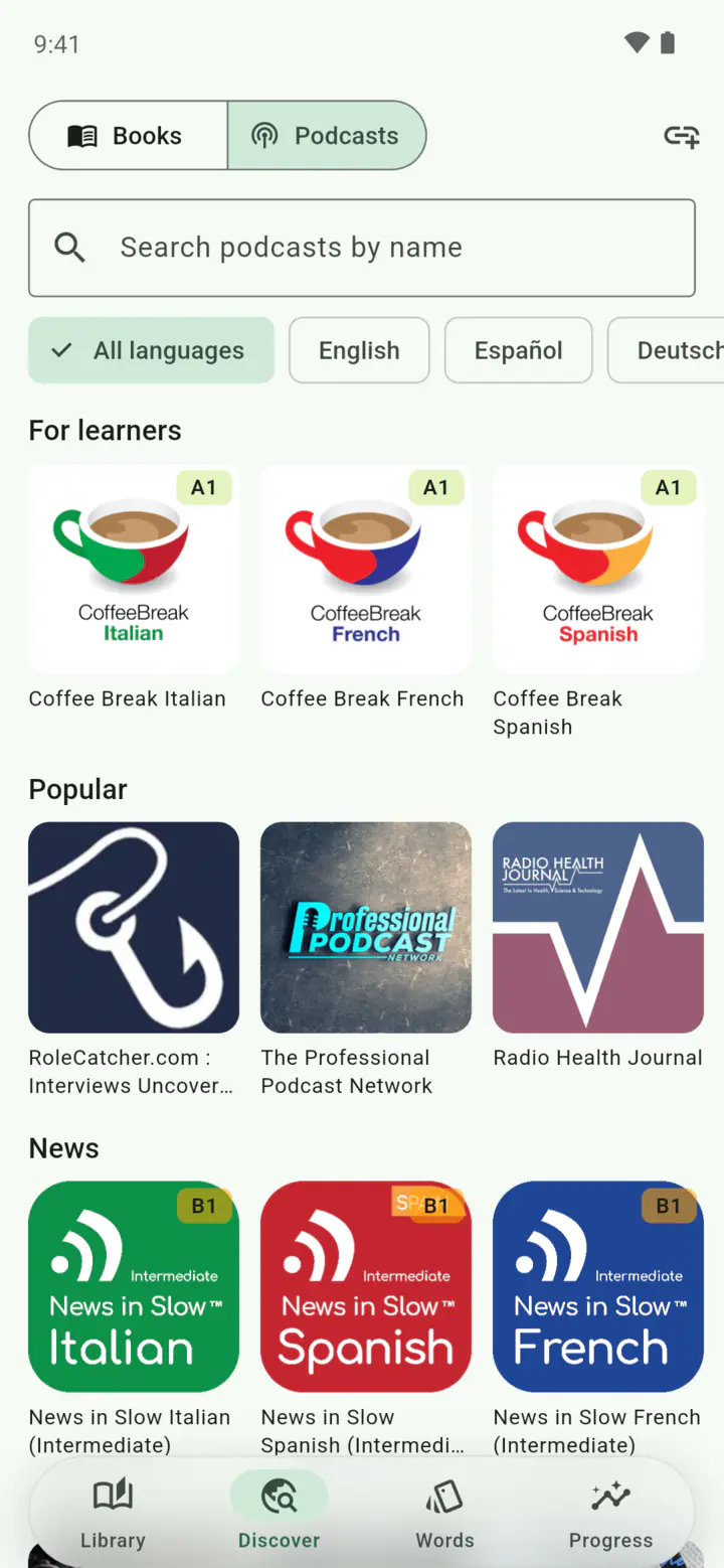 Podcasts in Readuet on Android: a search box, and a shelf of shows picked for learners, each tagged with its CEFR level.