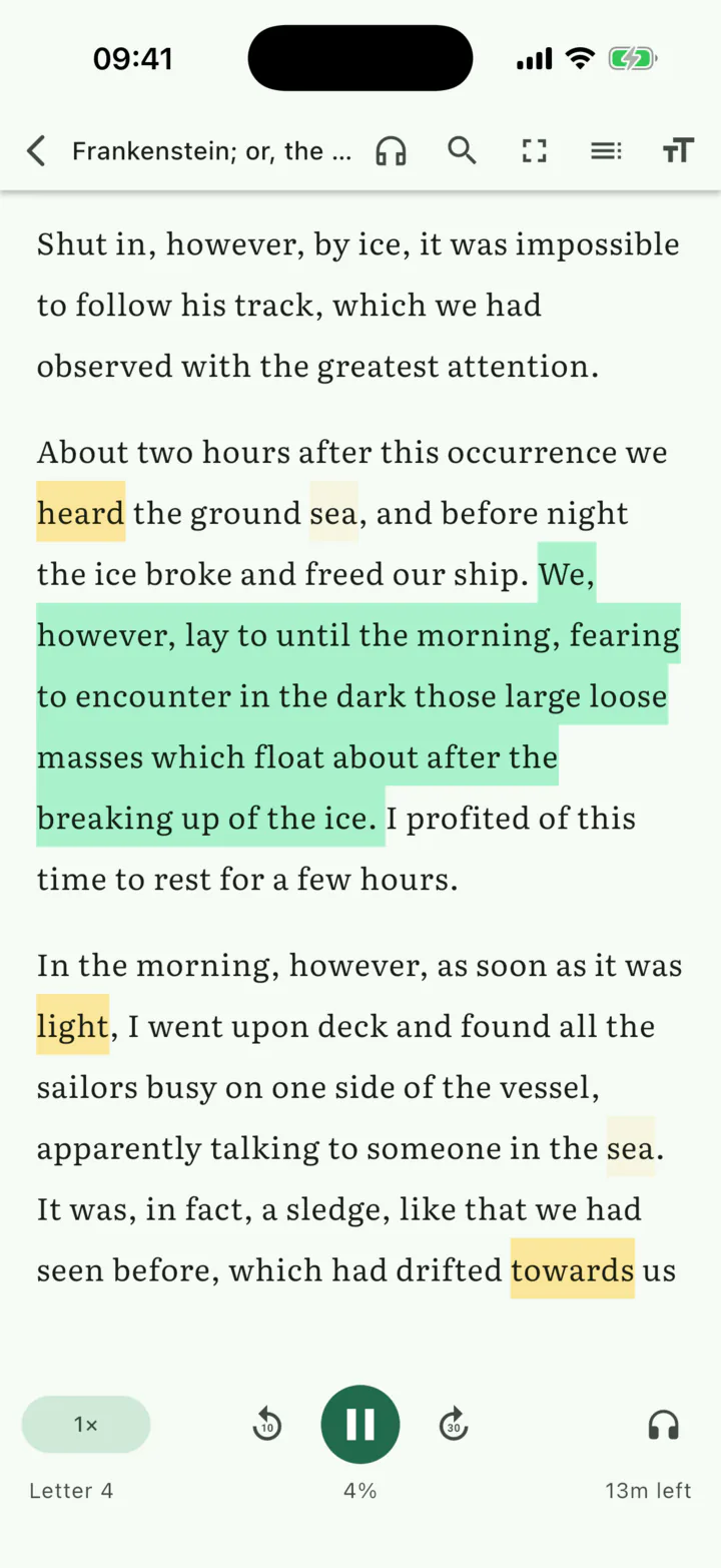 The Readuet reader on iPhone: the sentence currently being narrated is highlighted while the audiobook plays.