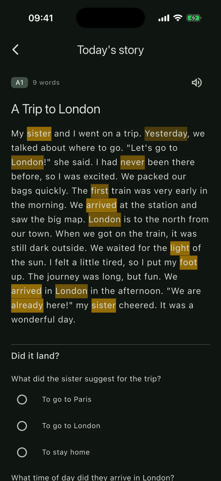 Today's Story in Readuet: a short daily passage generated from the words you are due to review, with target words shaded amber.