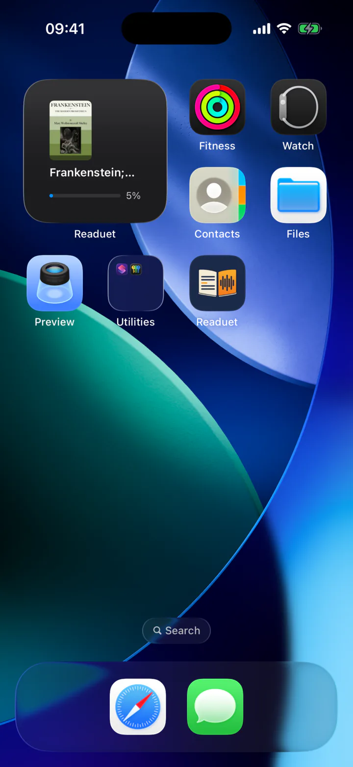 The Readuet home-screen widget on iOS showing the book to continue and how far through it you are.