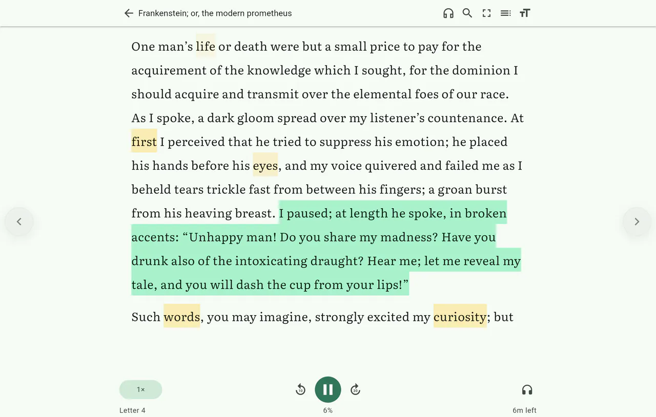 Readuet in a desktop browser: the narrated sentence highlighted inside a full-width reading view, with playback controls below.